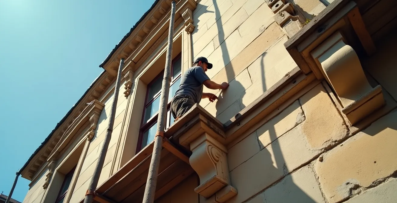 Vue en contre-plongée d'un artisan restaurateur travaillant sur une façade historique