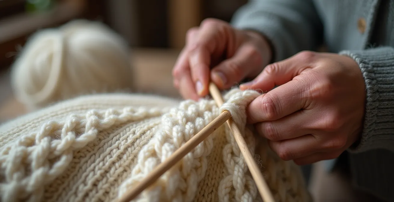 Mains d'artisan tricotant un pull de luxe avec des aiguilles en bois dans un atelier français