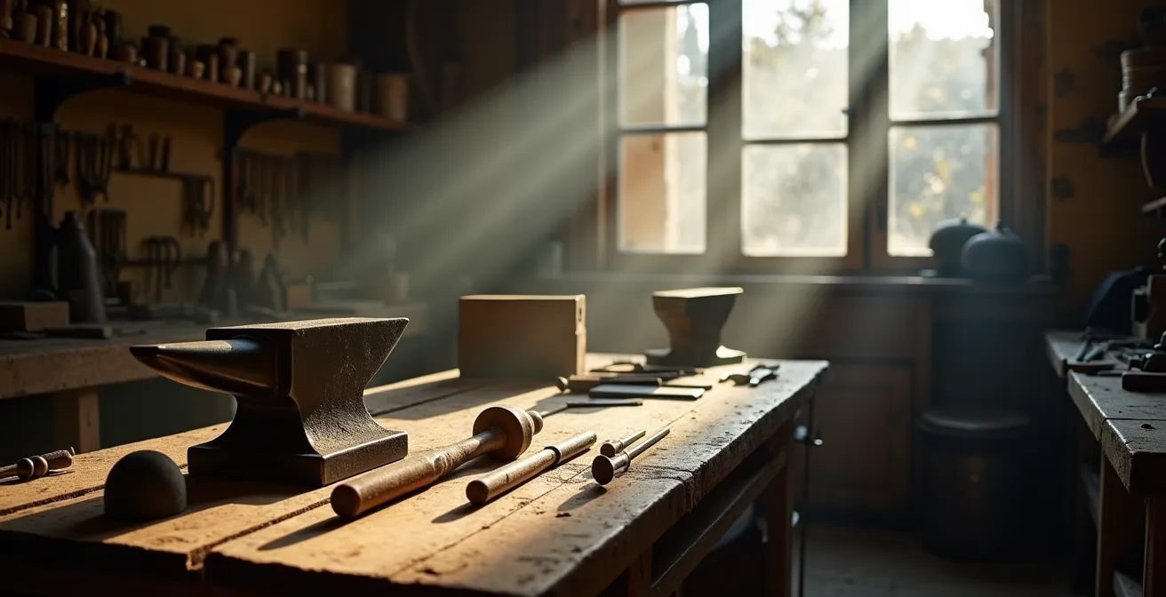 Vue grand angle d'un atelier de bijouterie artisanal français avec établi et outils traditionnels
