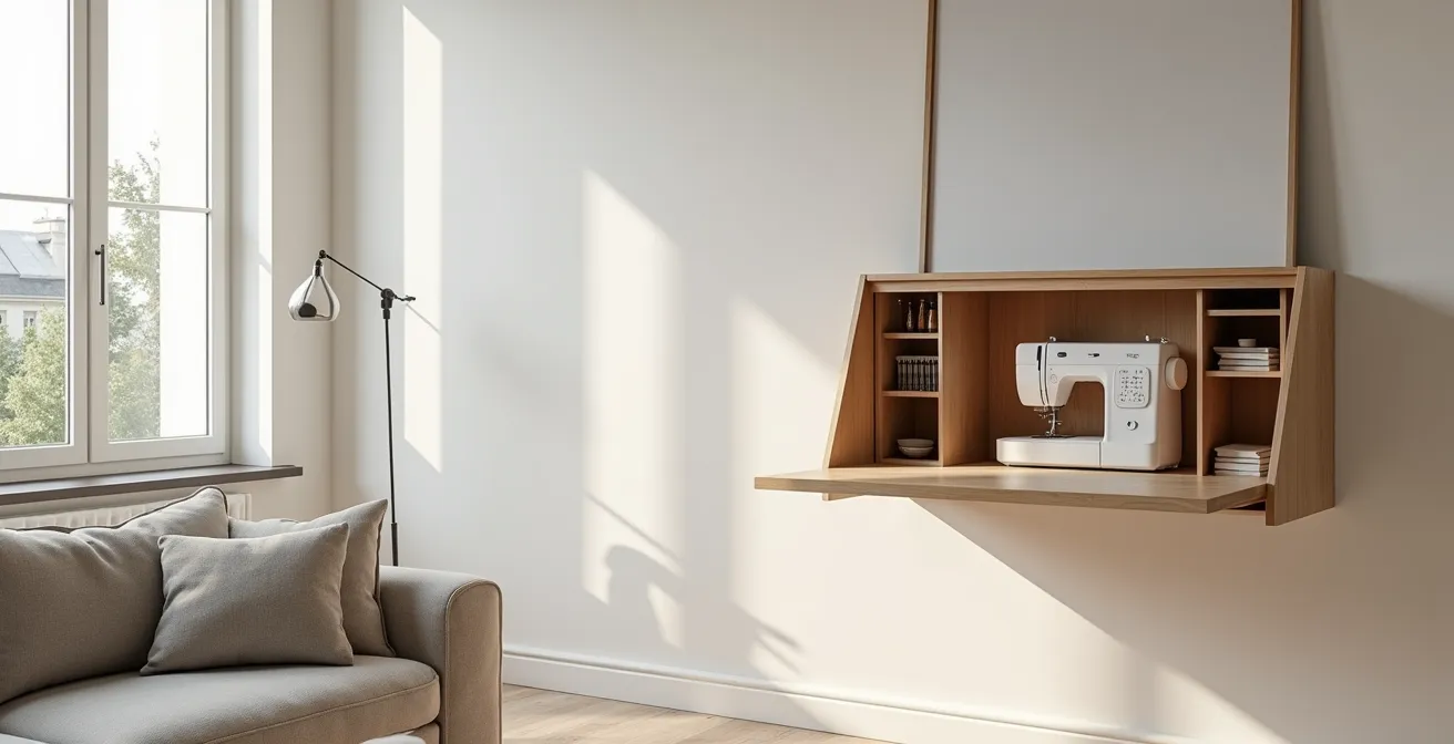 Vue large d'un salon épuré avec un coin couture discret et rangé