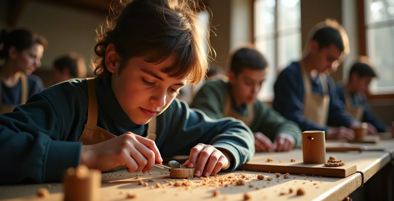 Étudiants travaillant dans l'atelier de l'École Boulle sur des projets de métiers d'art
