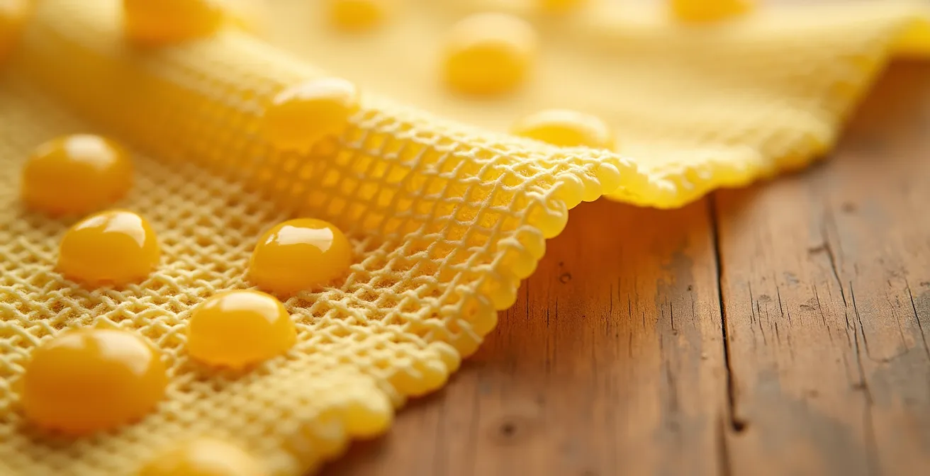 Vue macro de cire d'abeille en train de fondre sur un tissu en coton bio lors de la fabrication d'un bee wrap