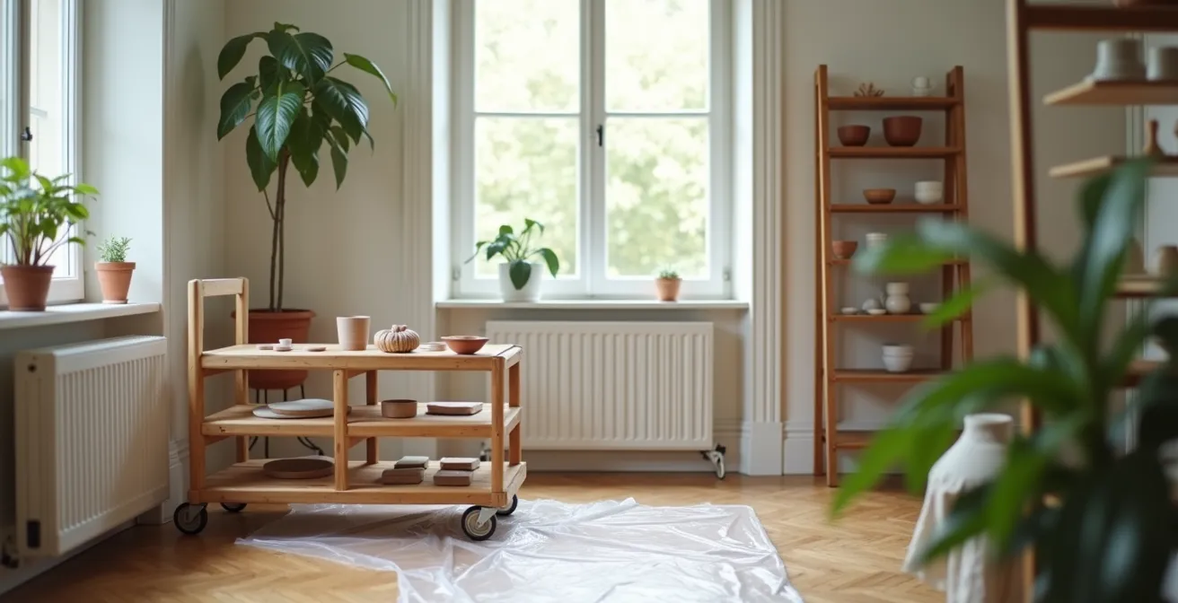 Espace de séchage d'argile aménagé dans un salon français avec étagères et protection