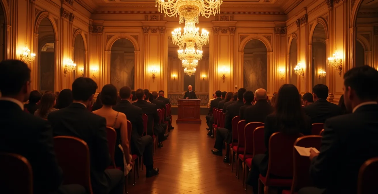 Vue d'ensemble atmosphérique d'une salle de vente aux enchères parisienne avec éclairage dramatique