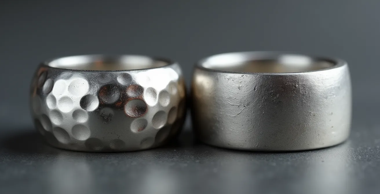 Gros plan sur la texture martelée d'une bague artisanale comparée à une surface lisse