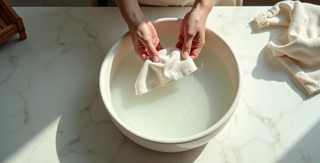 Vue plongeante sur une bassine d'eau tiède avec broderie délicate immergée et savon naturel, ambiance zen et minimaliste