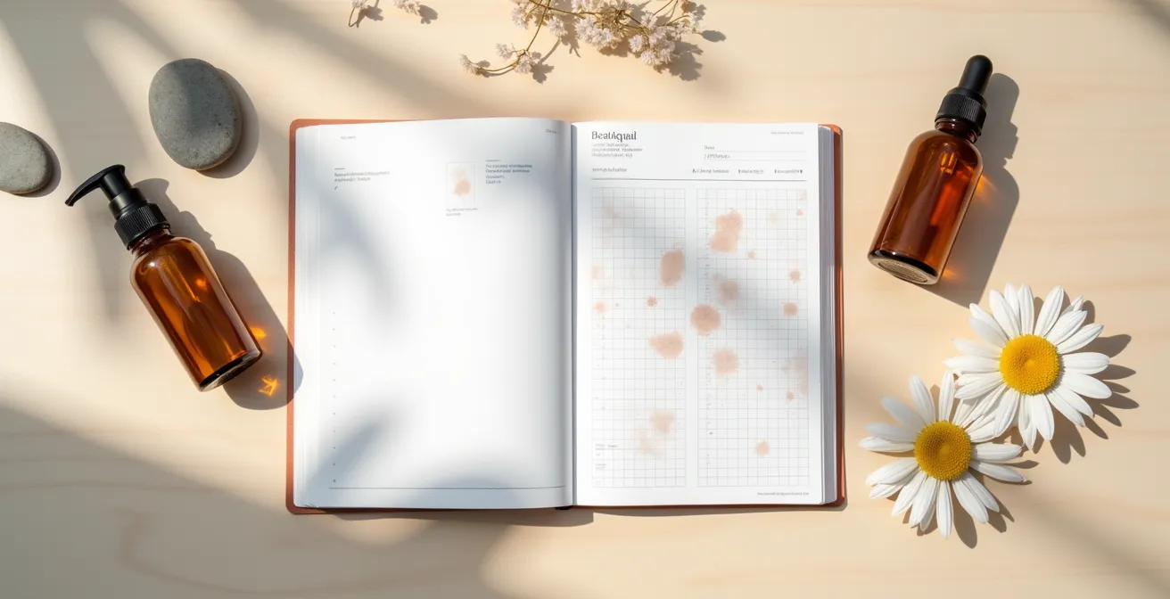 Vue aérienne d'un journal de bord cutané minimaliste avec annotations manuscrites et produits naturels