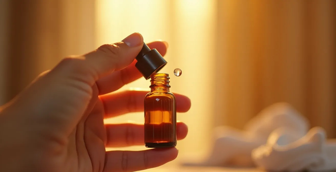 Gros plan sur une main tenant délicatement un flacon compte-gouttes ambré avec effet de lumière douce