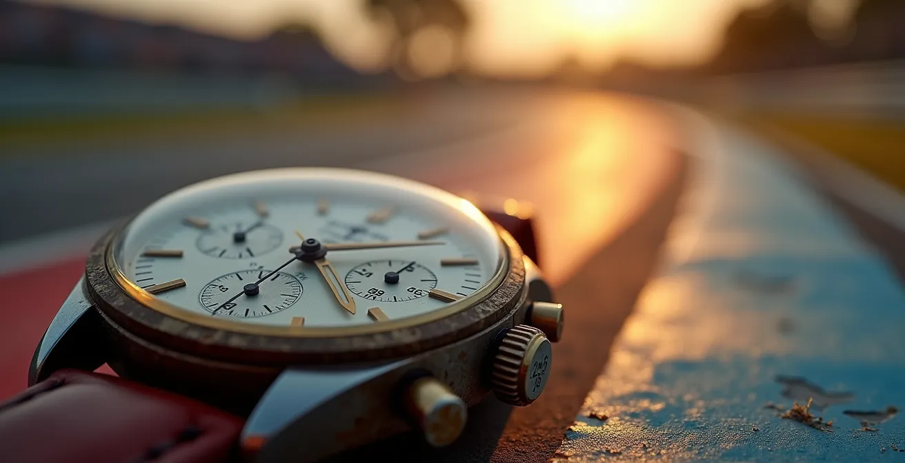 Mécanisme de chronographe vintage avec poussoirs dorés sur fond de circuit automobile français historique