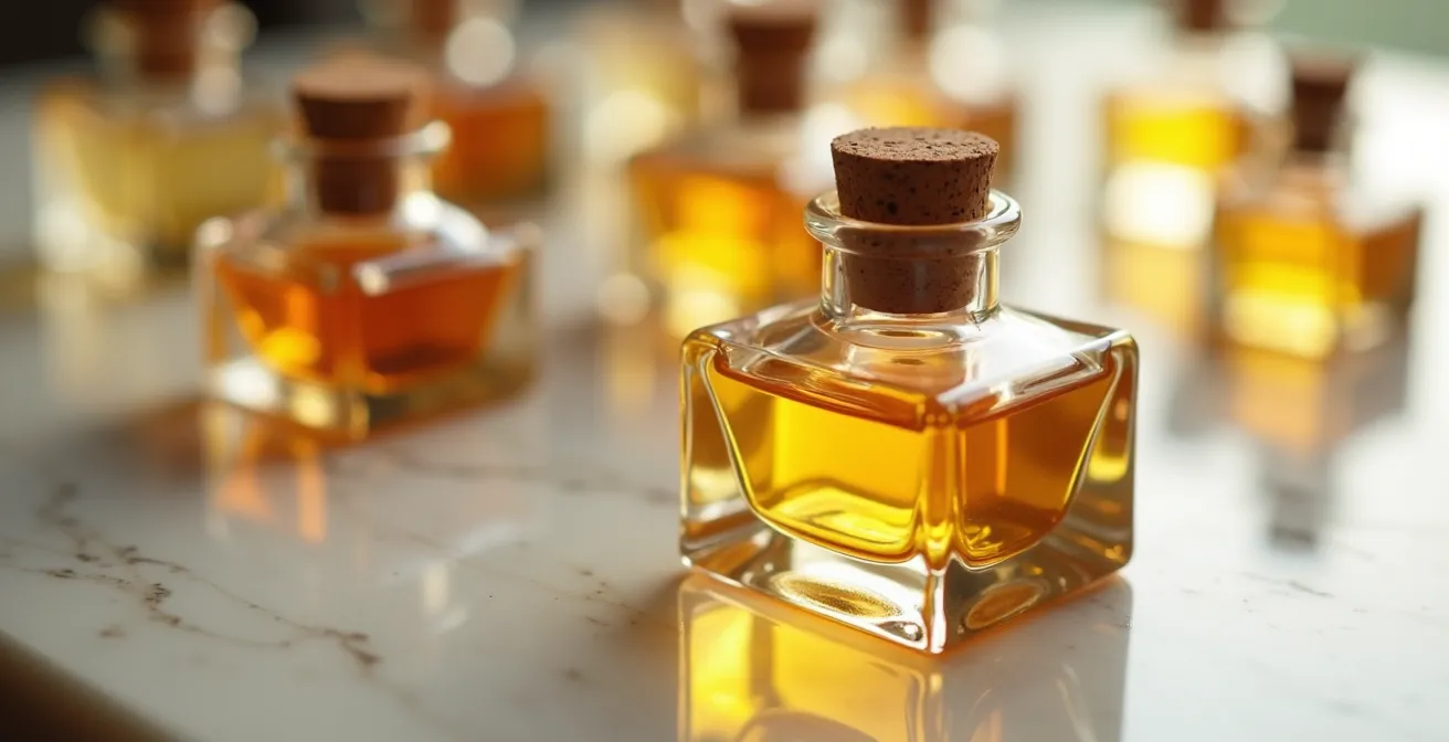 Collection d'échantillons de parfums de niche disposés sur un plateau de marbre