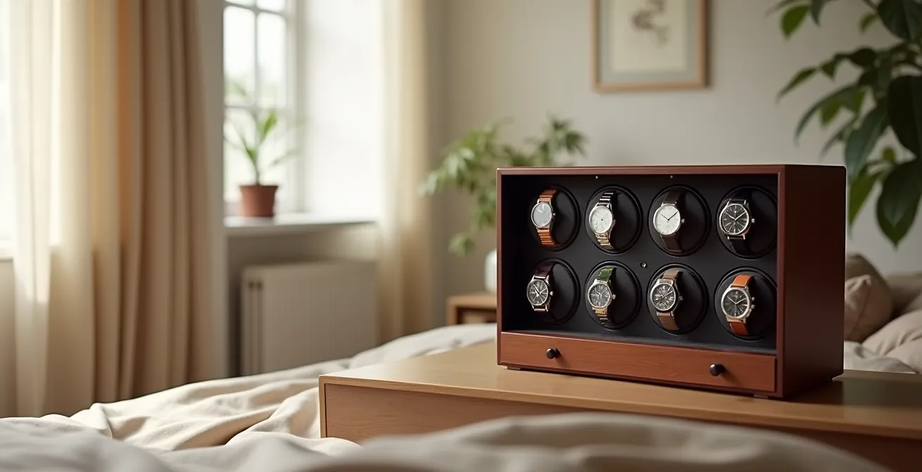 Collection de montres automatiques sur un remontoir rotatif moderne dans un environnement minimaliste