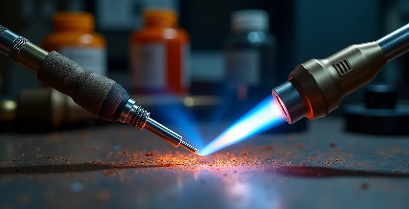 Deux chalumeaux posés côte à côte sur un établi, montrant la différence de taille et de puissance entre modèle cuisine et professionnel