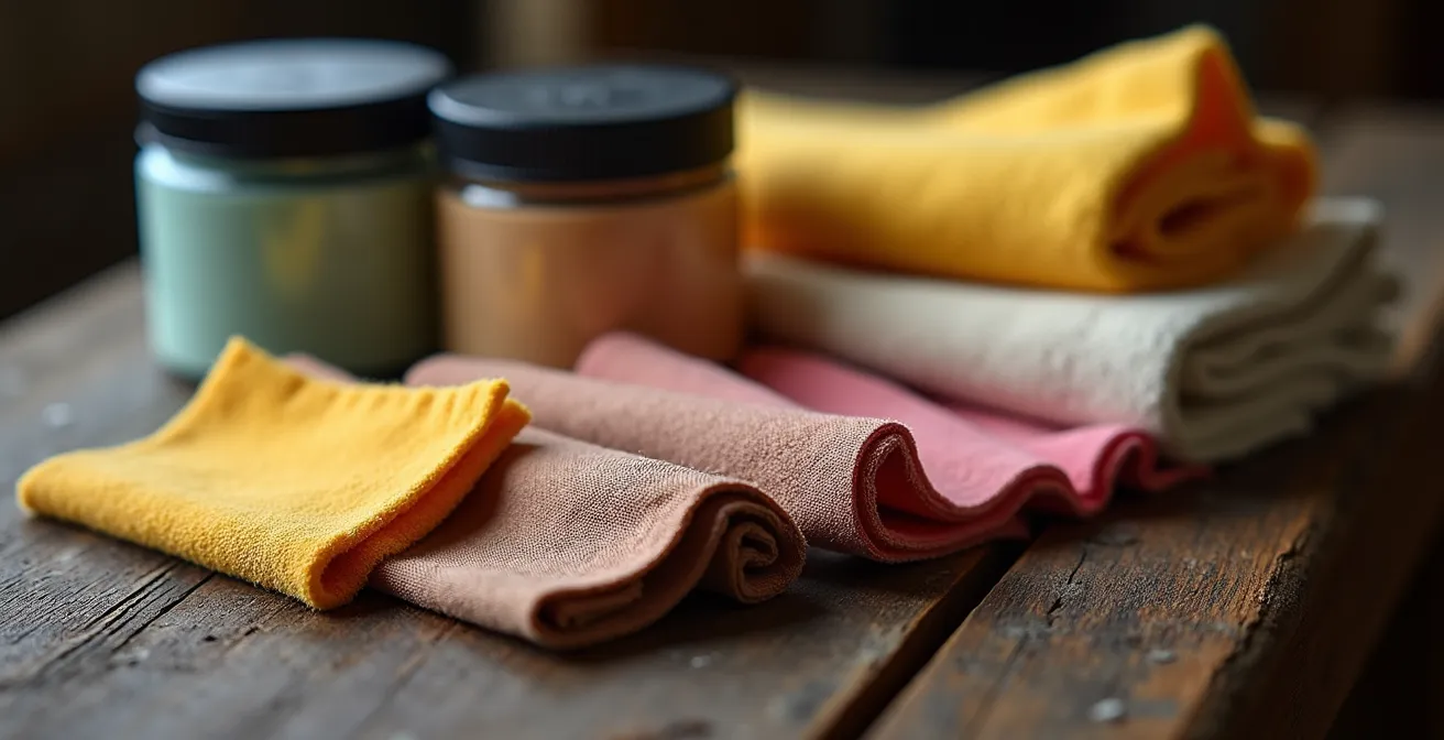 Différents types de chiffonnettes et produits de polissage disposés sur établi d'artisan