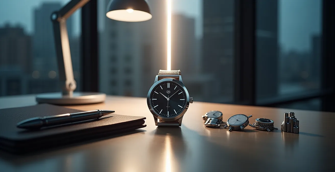 Composition minimaliste montrant une montre quartz élégante dans un environnement professionnel moderne