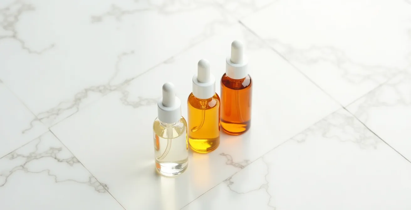 Vue aérienne minimaliste de trois flacons de sérum alignés avec dégradé de couleur du clair au foncé