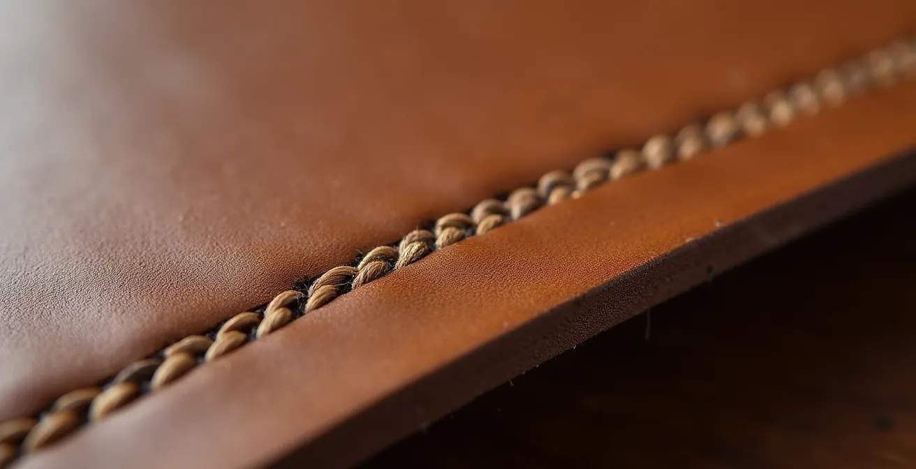 Gros plan sur une couture point sellier réalisée à la main sur du cuir