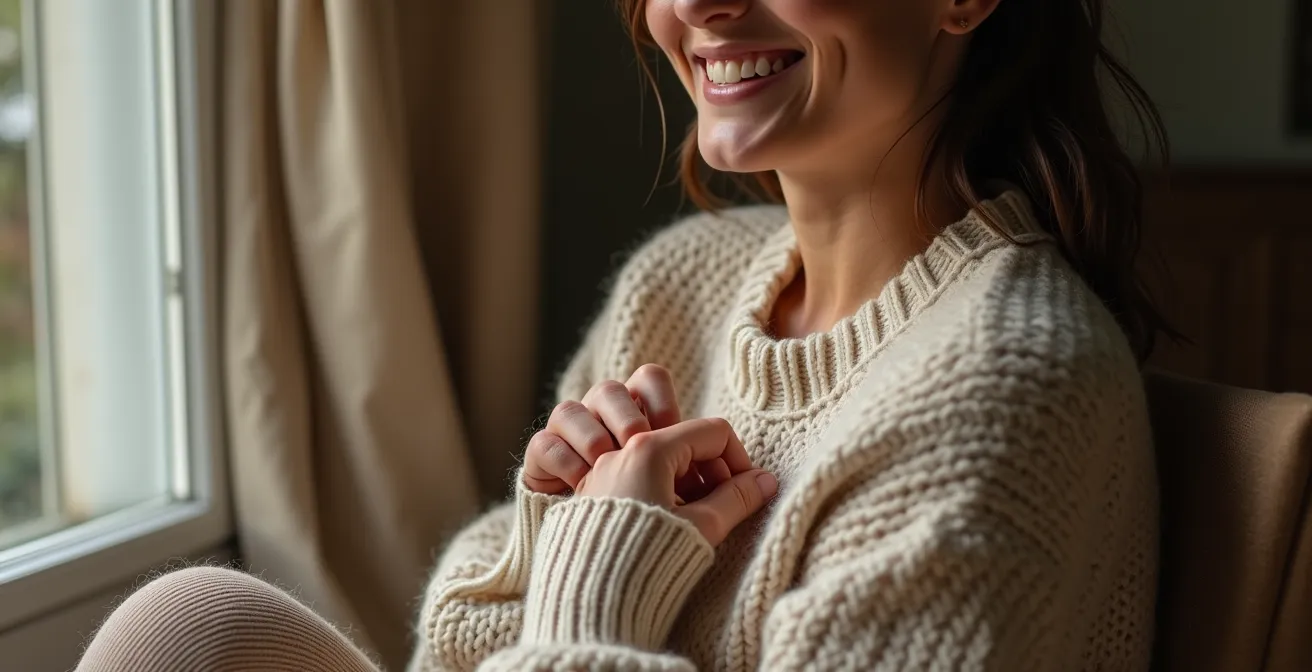 Détail macro d'un tricot fait main montrant les variations naturelles et la texture unique du point mousse