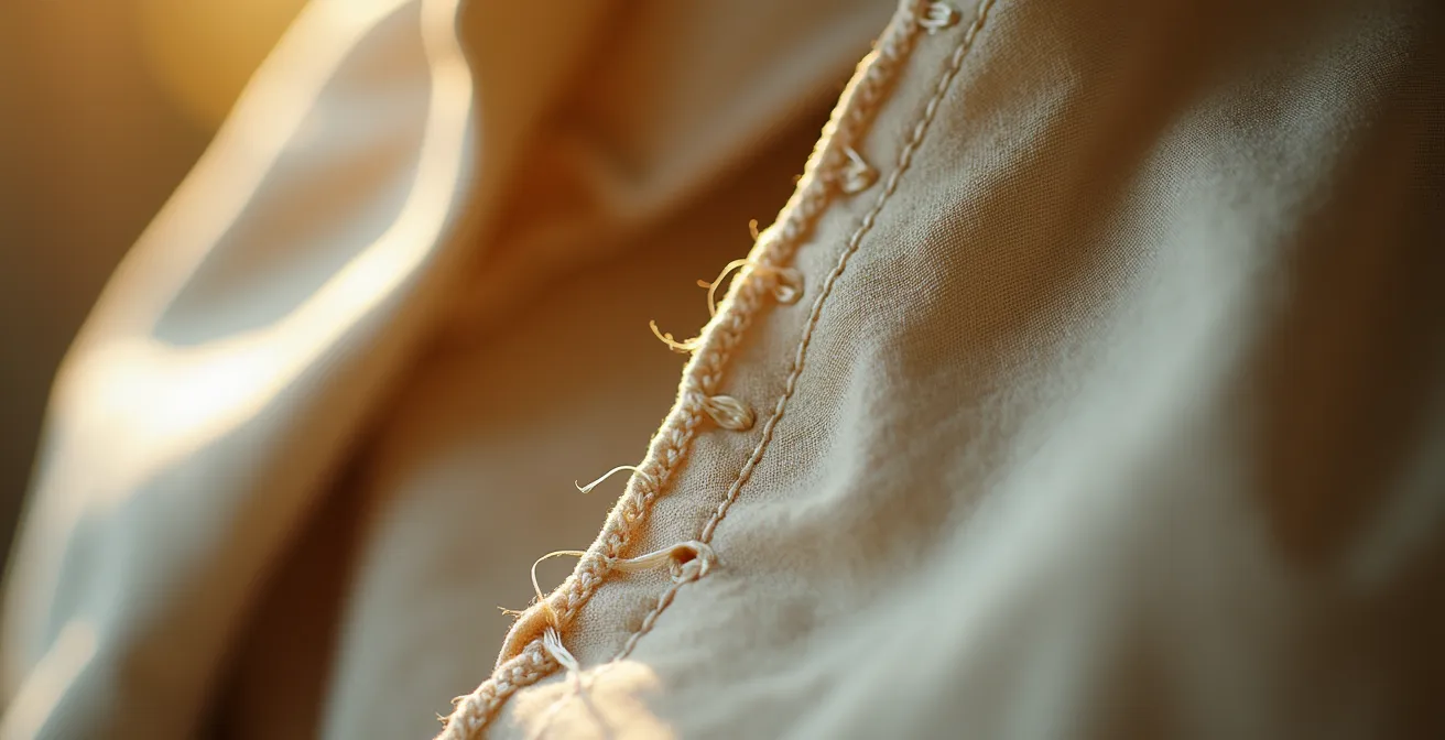 Gros plan macro sur l'intérieur d'une veste haute couture montrant les points de couture fait main