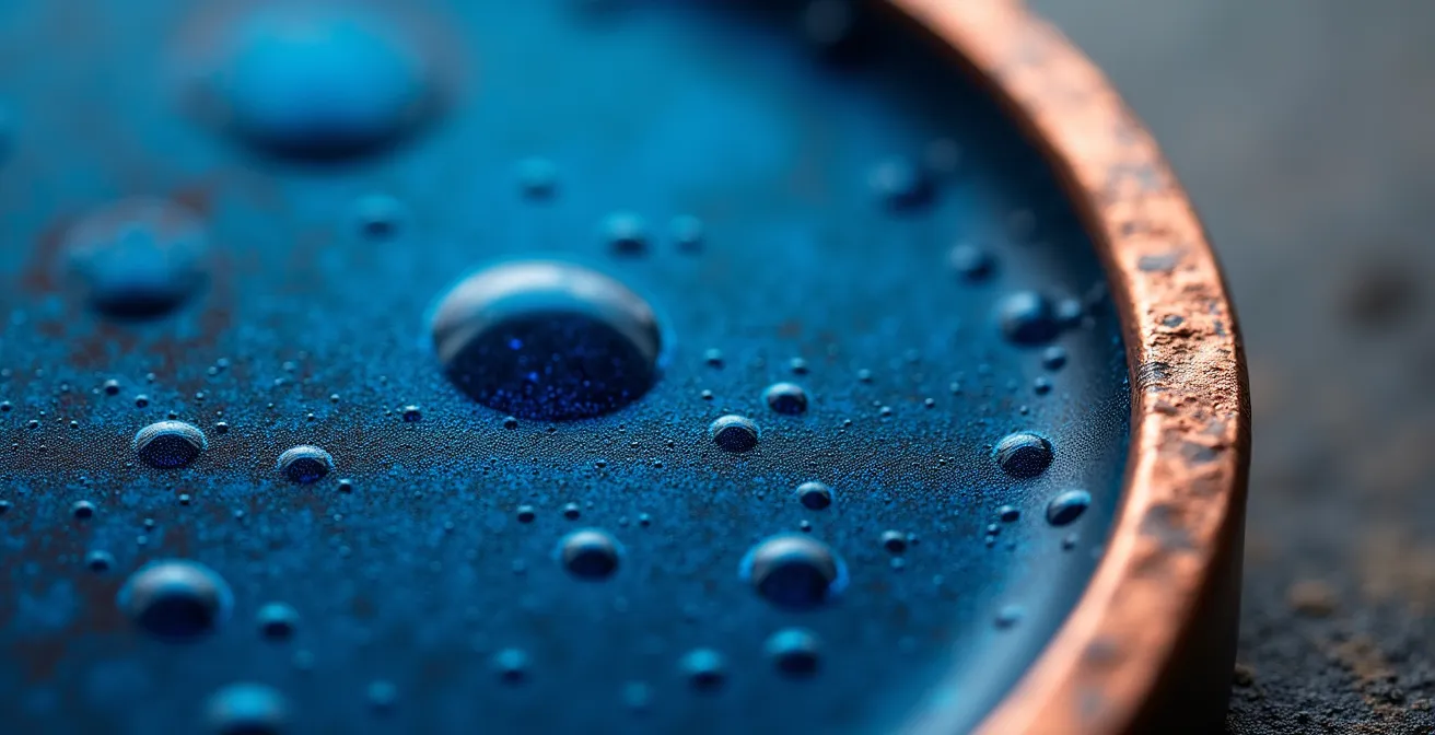 Vue macro d'un émail Grand Feu montrant sa texture et sa profondeur caractéristiques