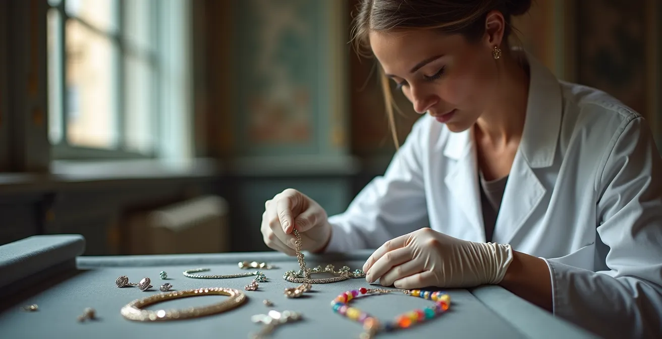 Collection de bijoux Art Déco français exposés dans une vitrine de musée parisien