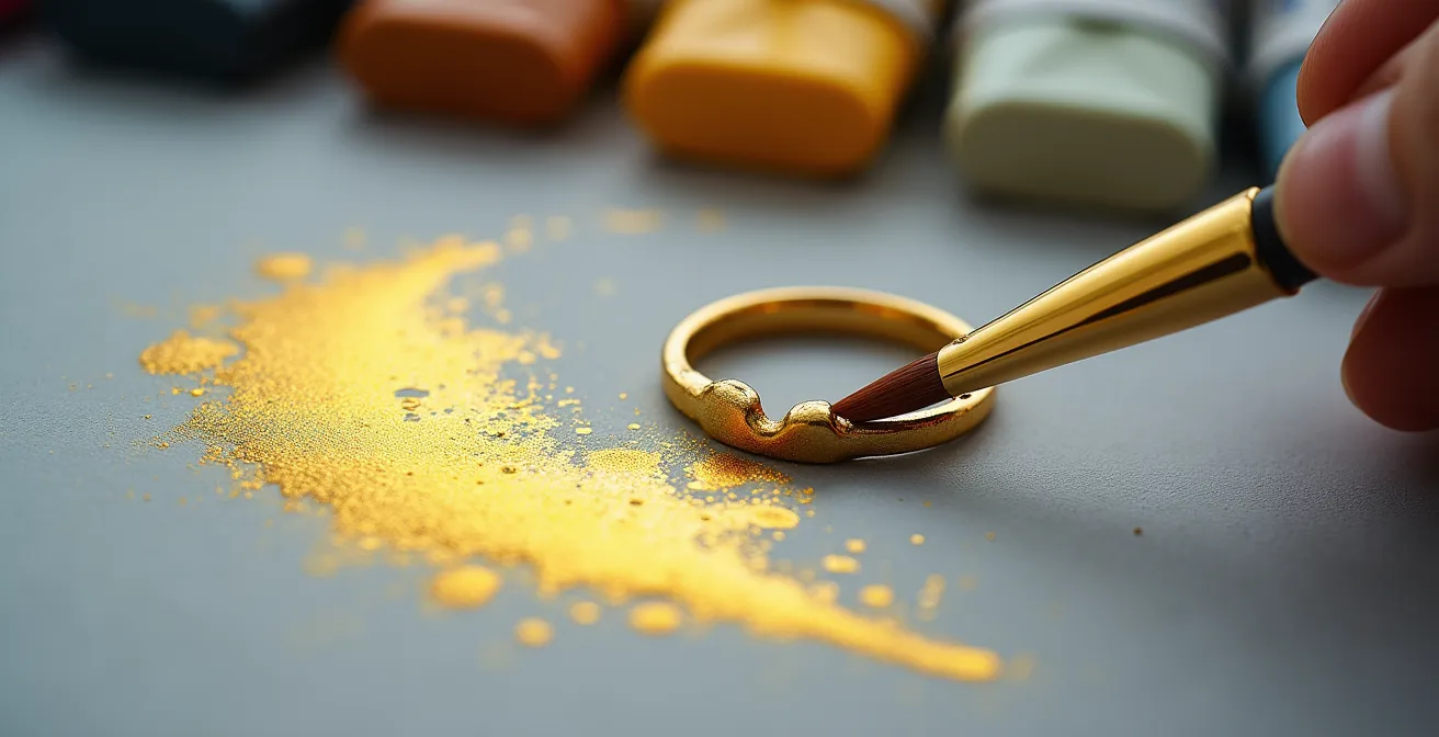 Artiste réalisant un gouaché de bague avec pinceaux et gouaches sur papier gris