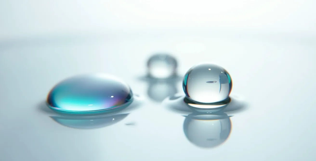 Gros plan macro sur des gouttes de sérum de différentes viscosités sur une surface de verre