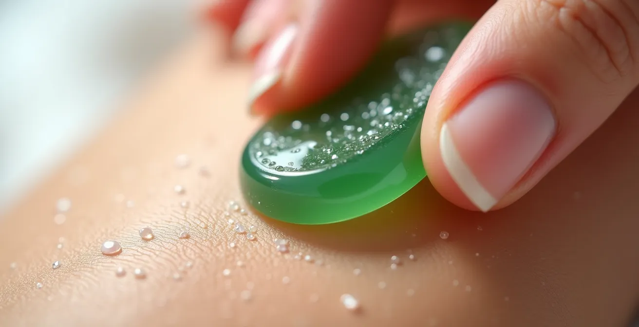 Gros plan sur un Gua Sha en pierre de jade utilisé pour un massage facial