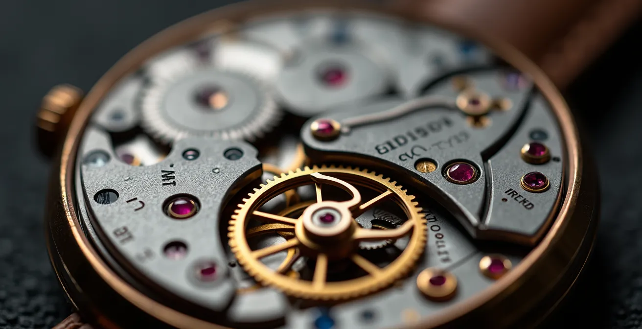 Mécanisme de montre automatique en gros plan macro montrant le balancier et les composants sensibles aux chocs