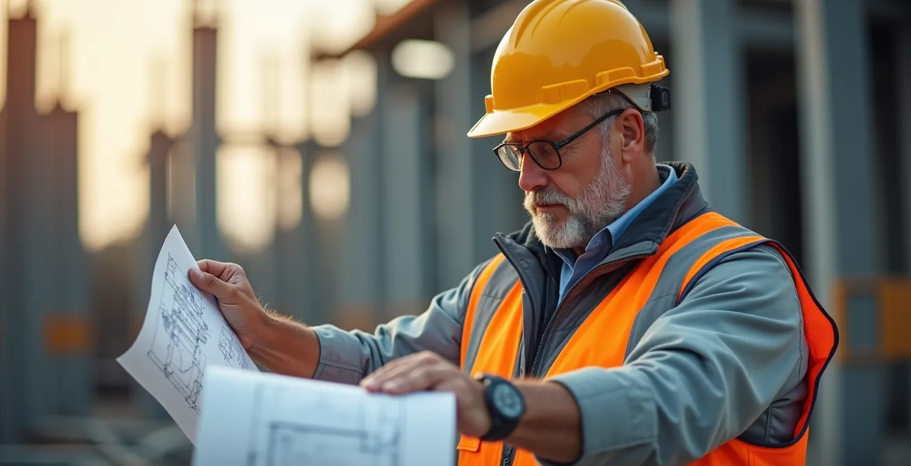 Ingénieur français sur un chantier de construction portant une montre à quartz professionnelle