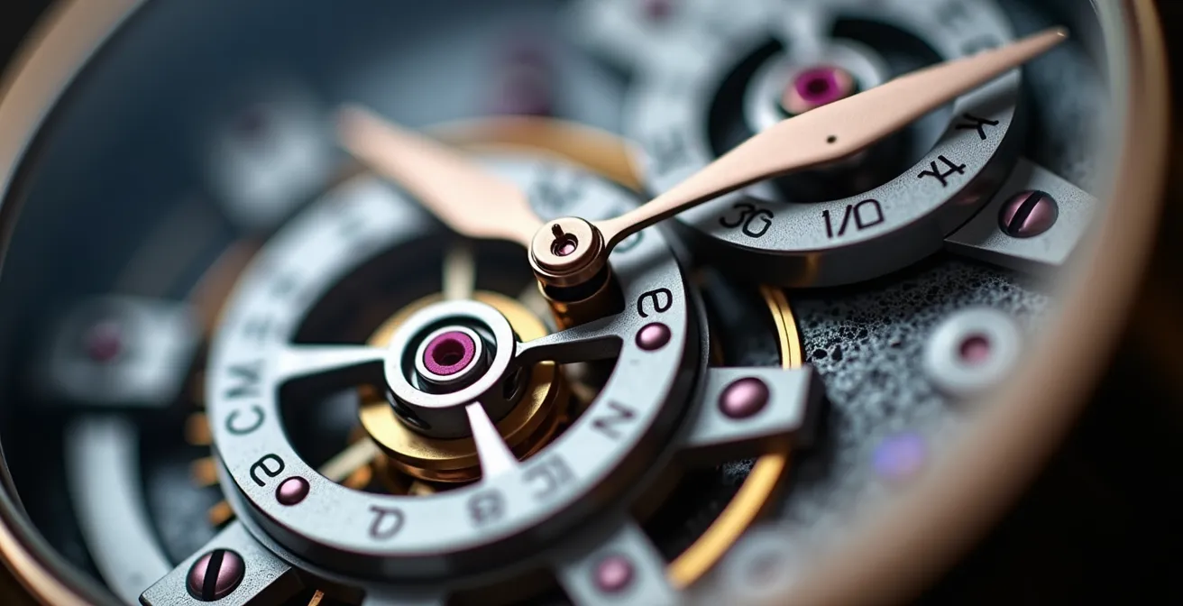 Vue macro détaillée d'un calibre 9F Grand Seiko montrant les finitions artisanales