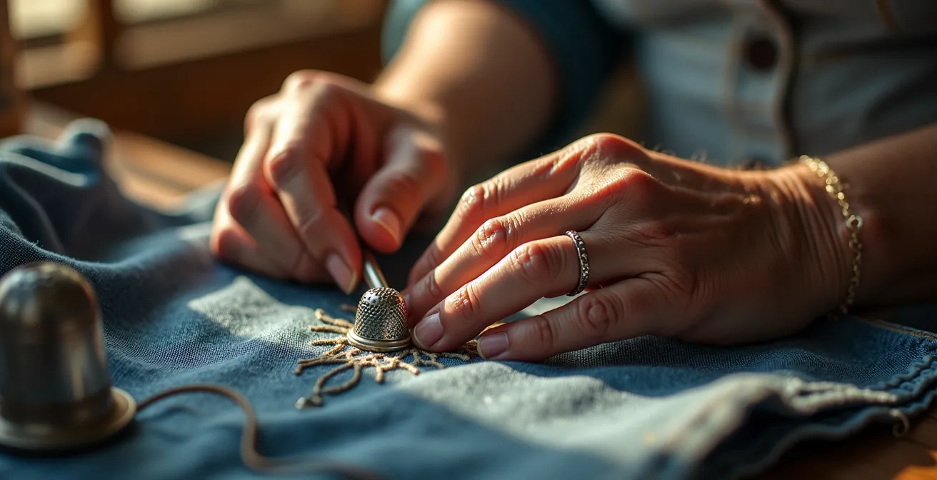 Mains expertes réalisant un point de broderie traditionnel sur tissu denim