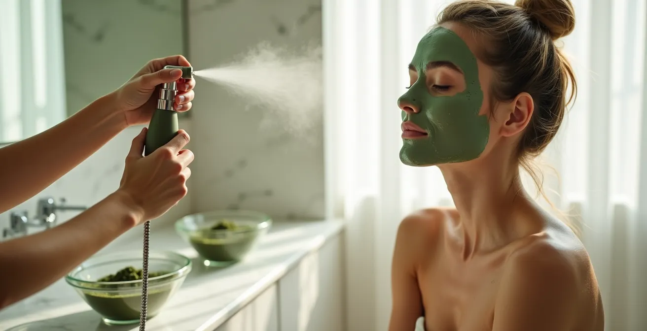 Application d'un masque à l'argile humidifié avec un brumisateur d'eau thermale