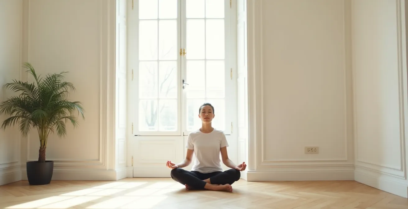 Personne pratiquant la cohérence cardiaque dans un environnement zen
