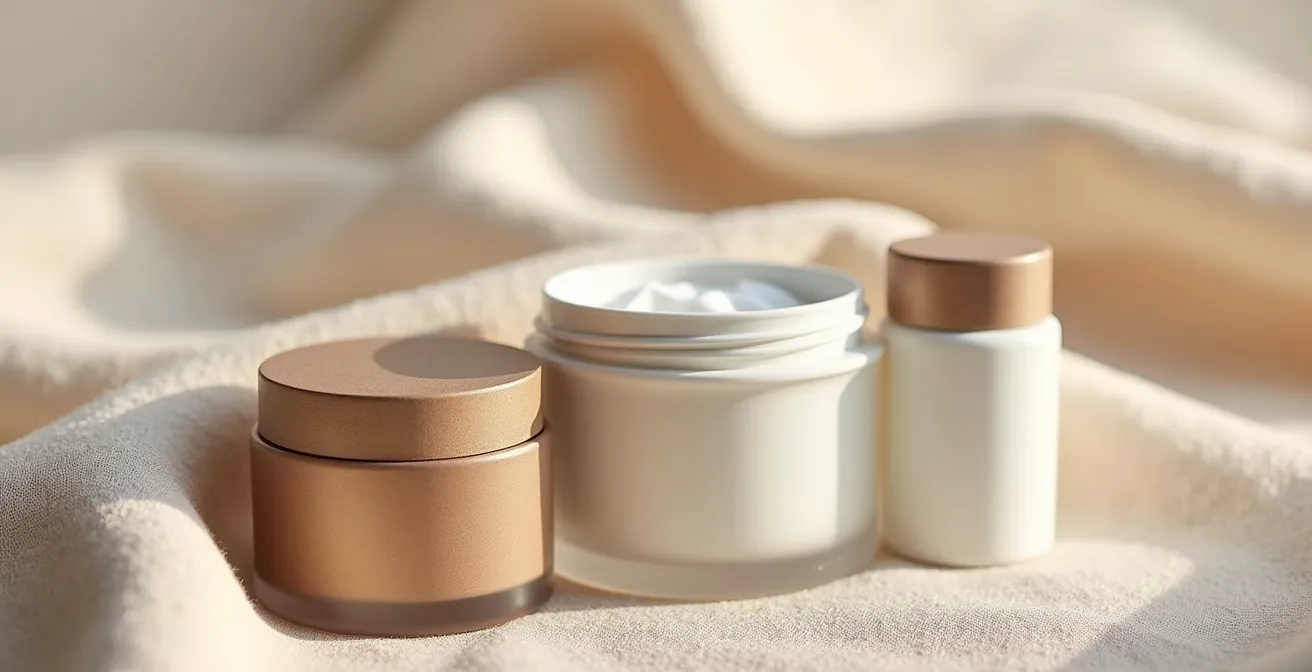 Trois produits essentiels de soin disposés de manière épurée