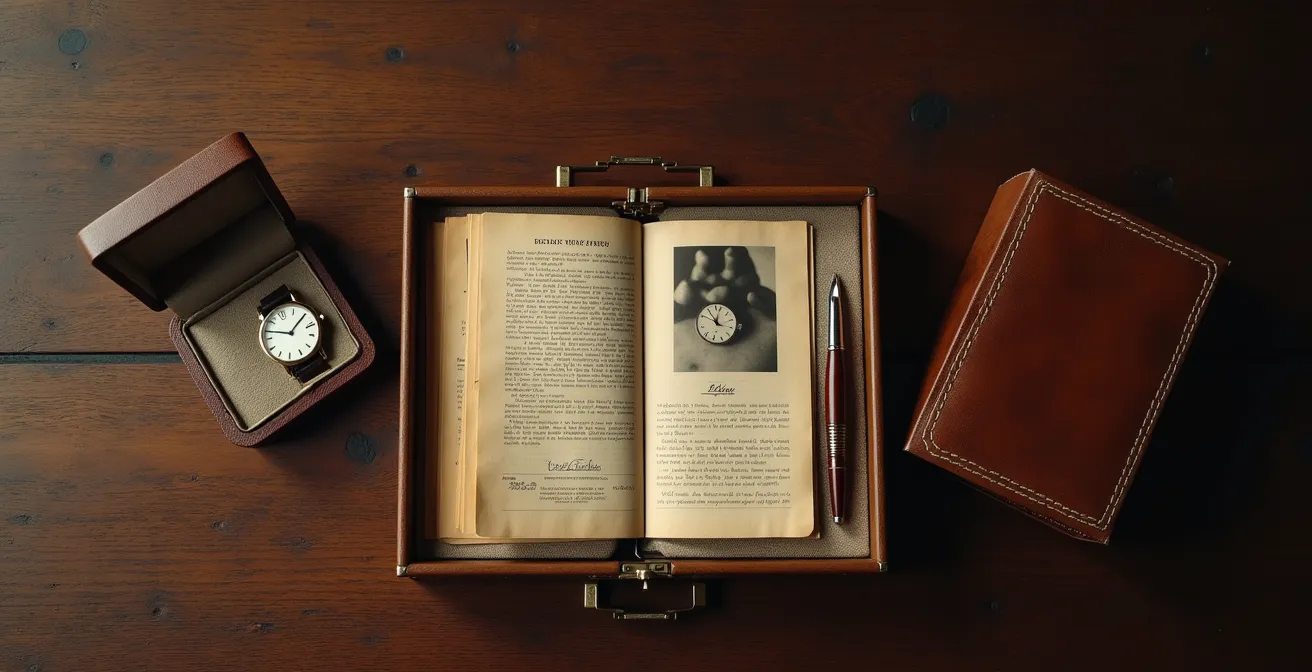 Vue aérienne d'un écrin de montre ouvert avec certificats, facture d'origine et photo ancienne disposés harmonieusement