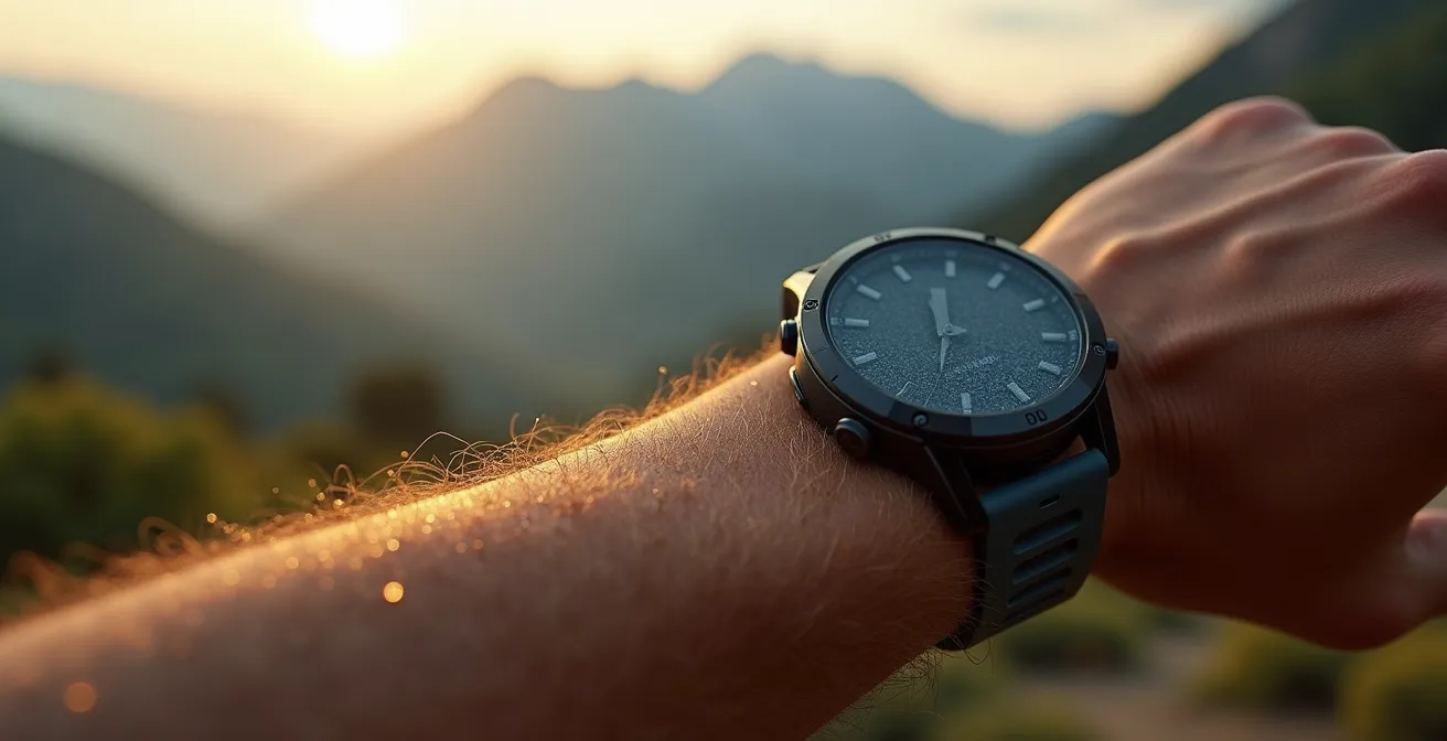 Gros plan sur une montre GPS au poignet d'un coureur en montagne avec vue sur les sommets alpins