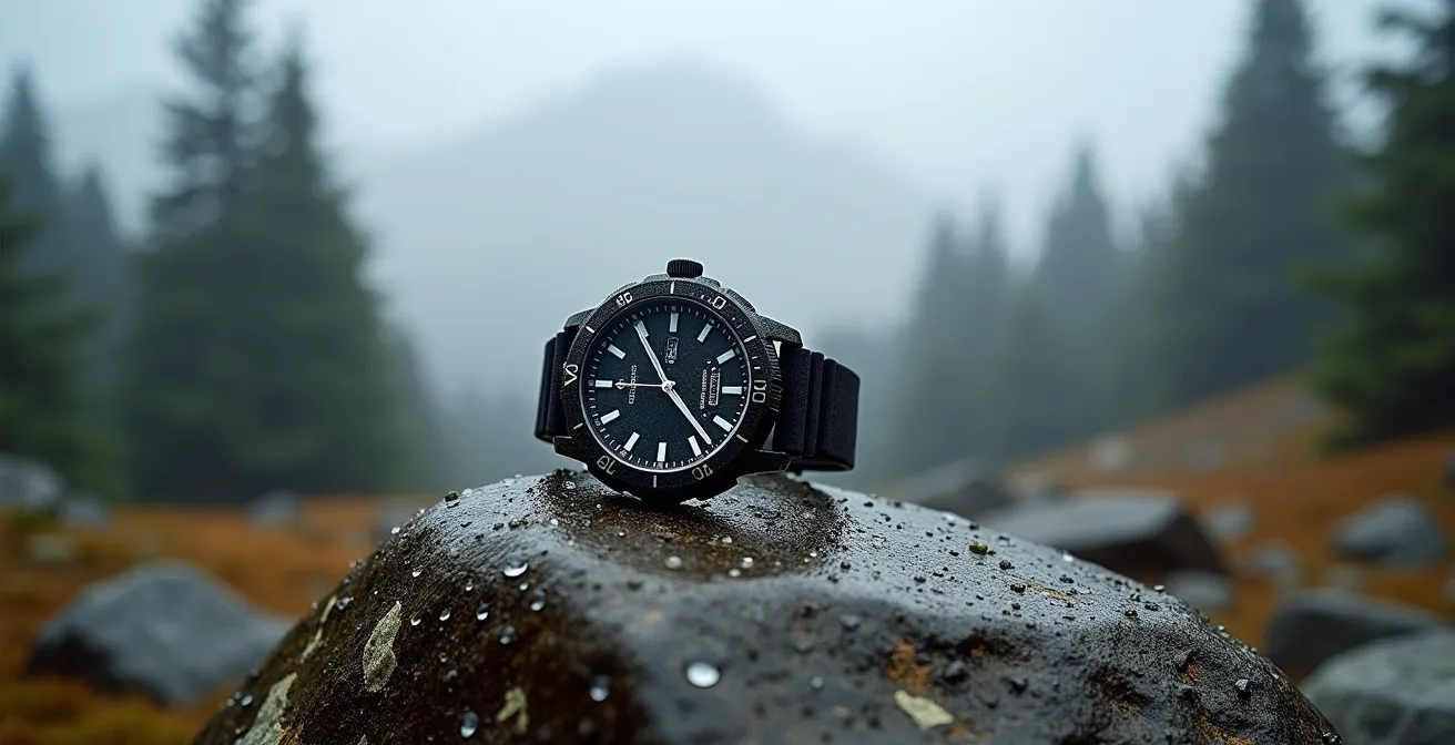 Montre outdoor robuste posée sur rocher moussu avec gouttes d'eau et environnement montagnard brumeux