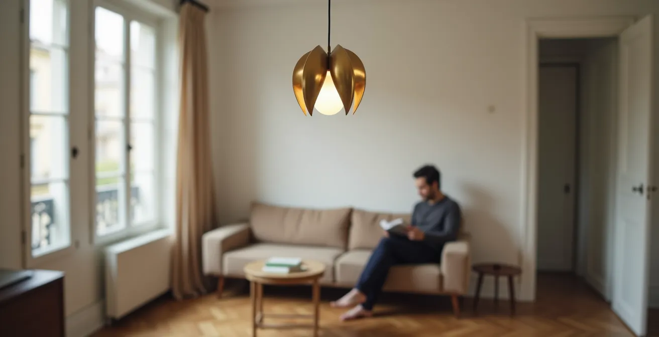 Petit salon de 20m² avec suspension design comme pièce maîtresse créant un point focal vertical