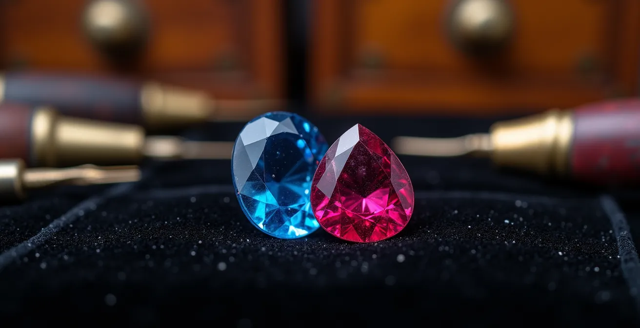Macro photographie de saphirs du Cachemire et rubis sang de pigeon sous loupe de joaillier
