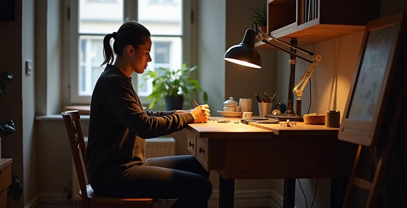 Installation ergonomique d'un établi de bijoutier dans un petit appartement avec éclairage adapté