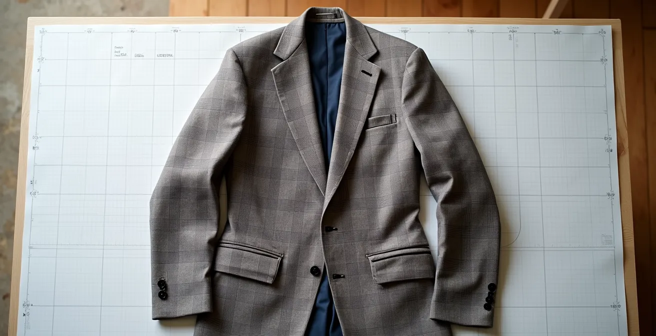 Vue détaillée des raccords de carreaux parfaitement alignés sur l'épaule et la poche d'une veste de costume