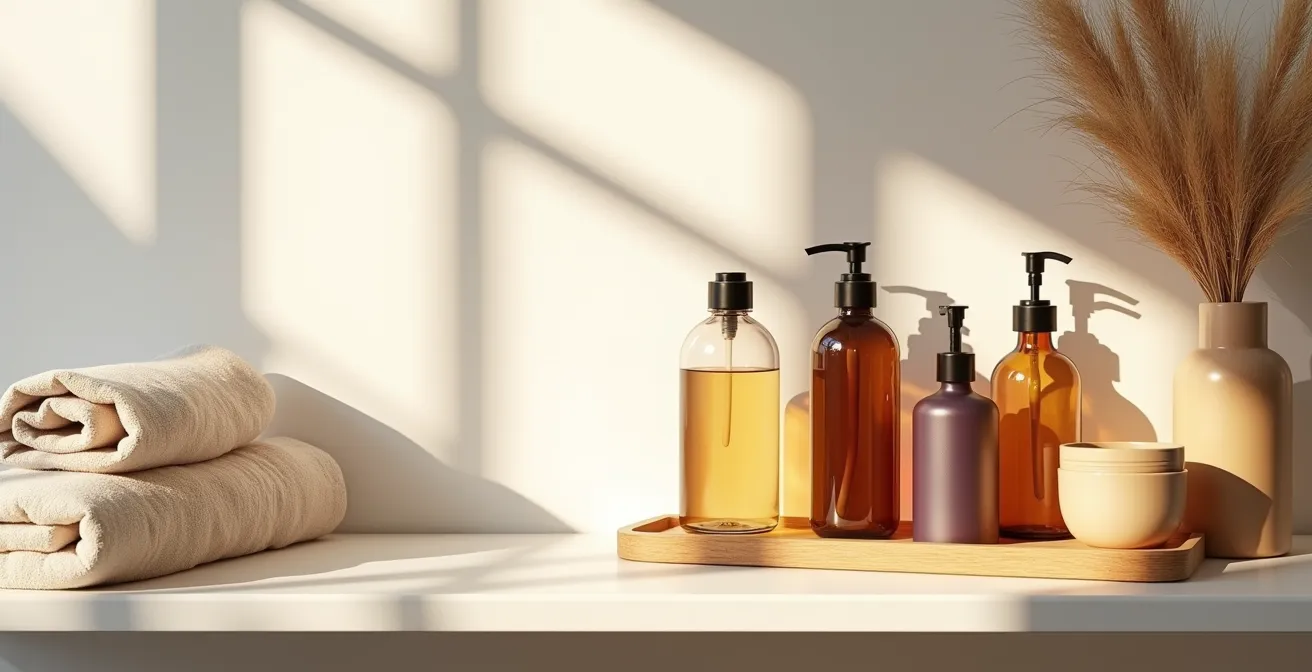 Espace de rangement minimaliste pour cosmétiques bio avec contenants adaptés