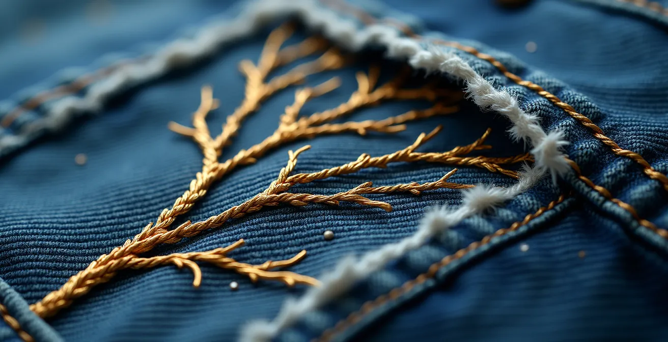 Gros plan macro sur une réparation dorée brodée sur denim bleu
