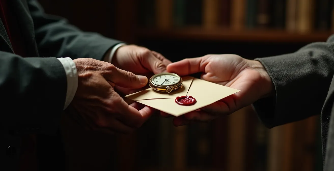 Gros plan sur des mains tenant délicatement une montre au-dessus d'une enveloppe cachetée à la cire