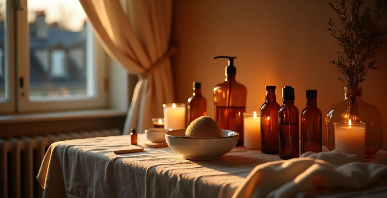 Ambiance tamisée avec bougies pour routine beauté du soir
