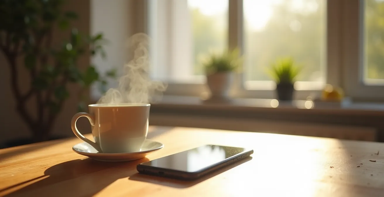 Main posant un smartphone face cachée sur une table en bois, environnement apaisant