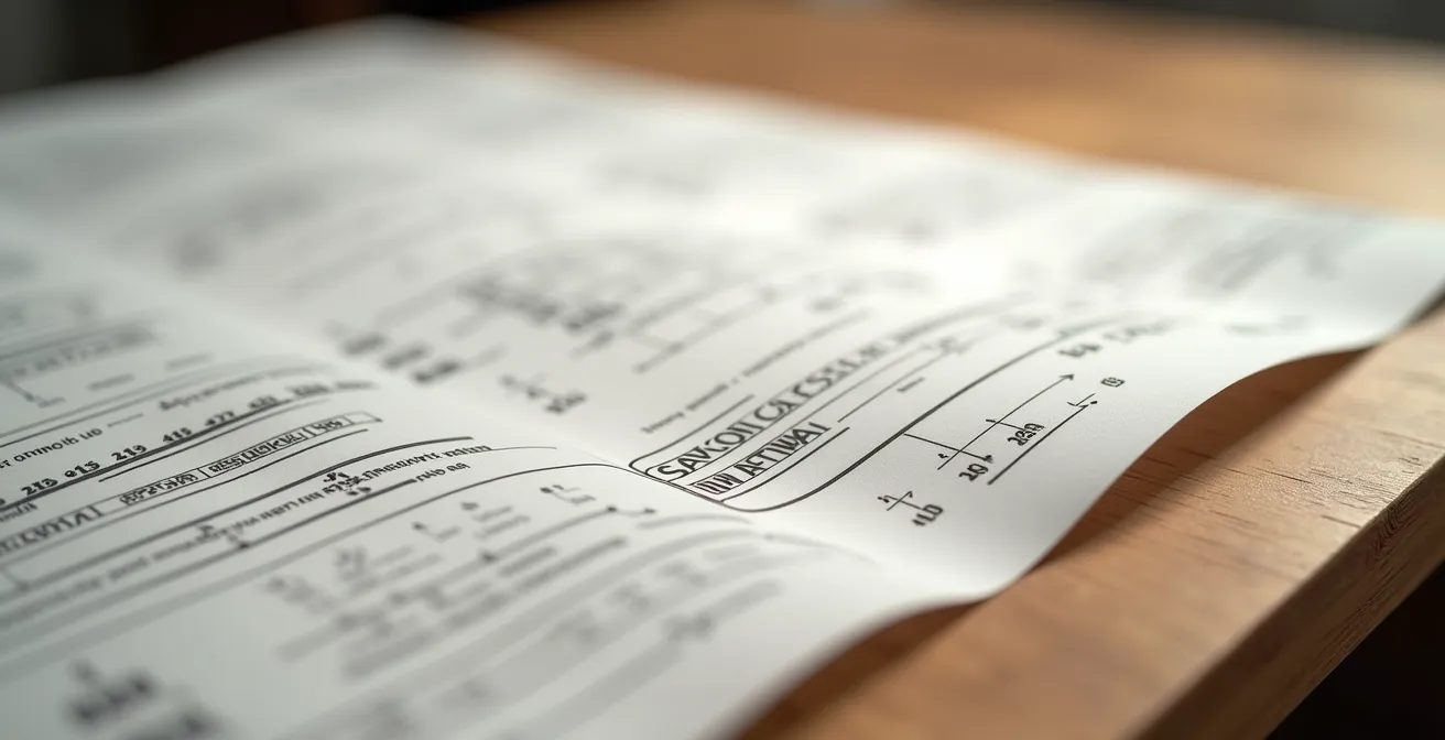 Table de couture avec différents patrons étalés montrant les symboles et repères de différentes marques