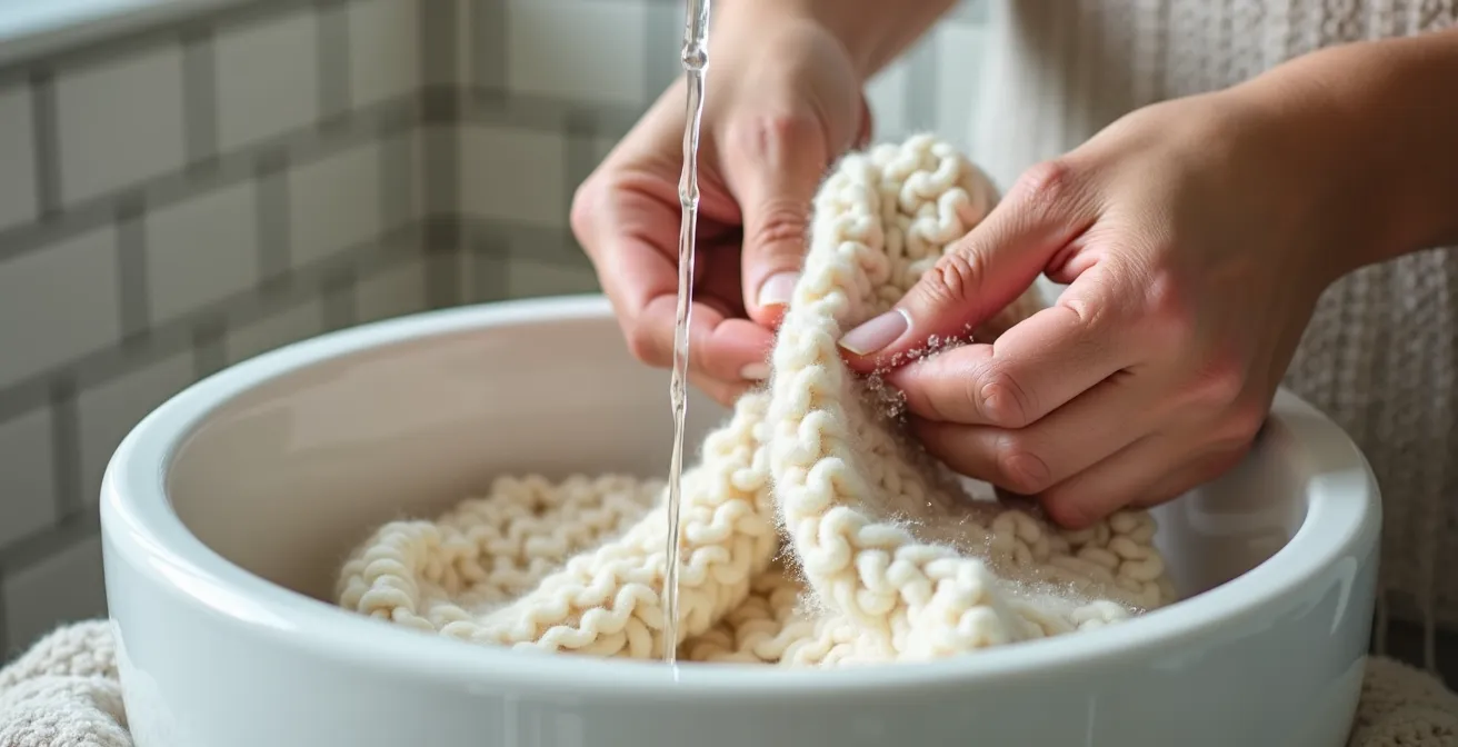 Démonstration du processus de lavage et blocage d'un tricot en laine