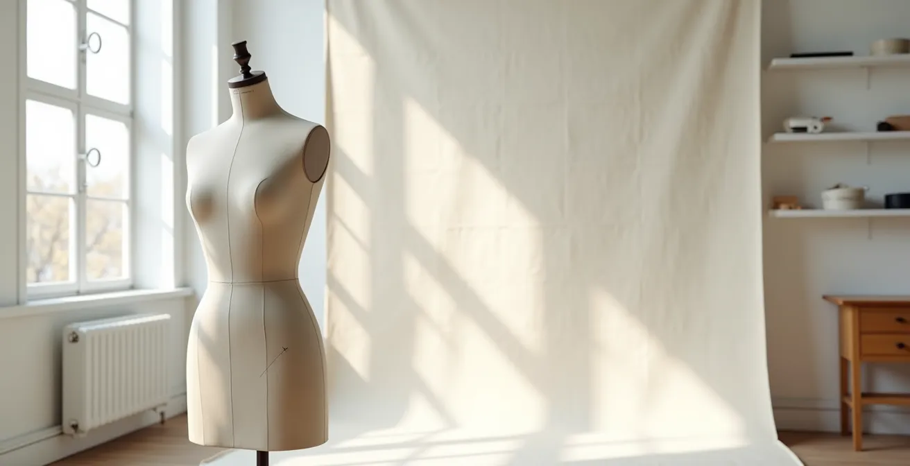 Toile d'essai épinglée sur un mannequin de couture avec marquages d'ajustement