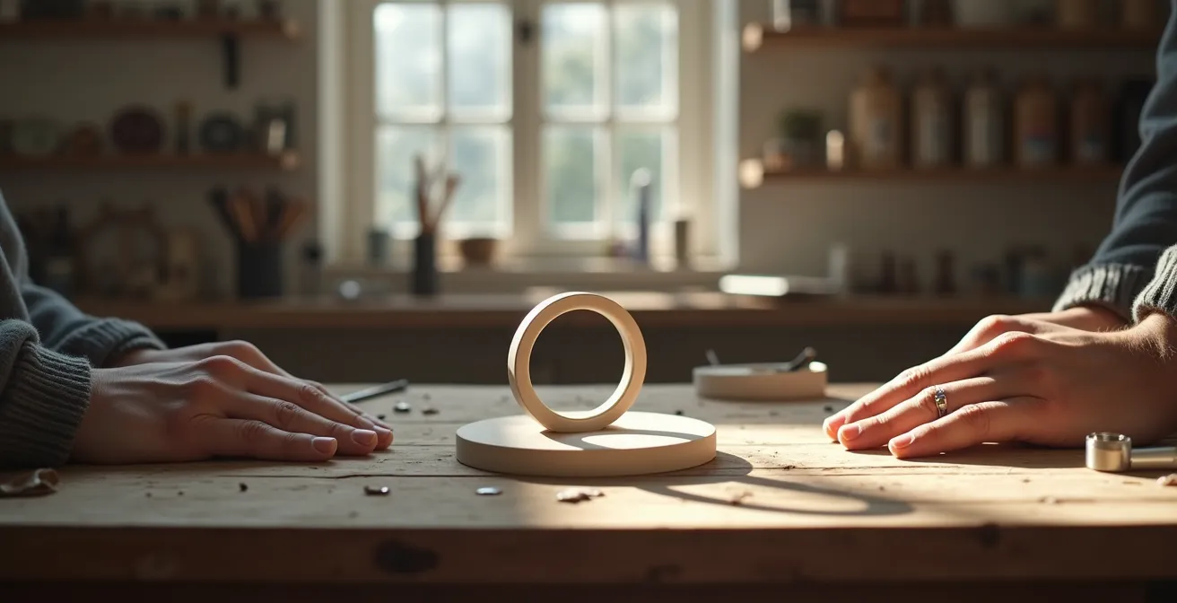 Mains examinant une maquette en cire de bague sur un établi de joaillier